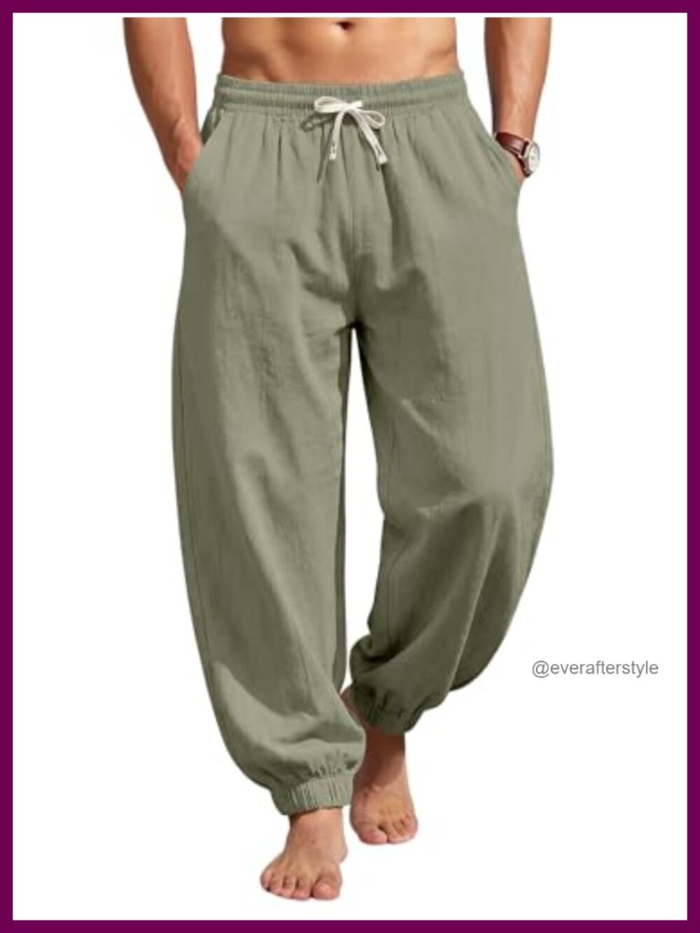 Men's Cotton Linen Harem Pants Elastic Waist Jogger Yoga Trousers with Pockets